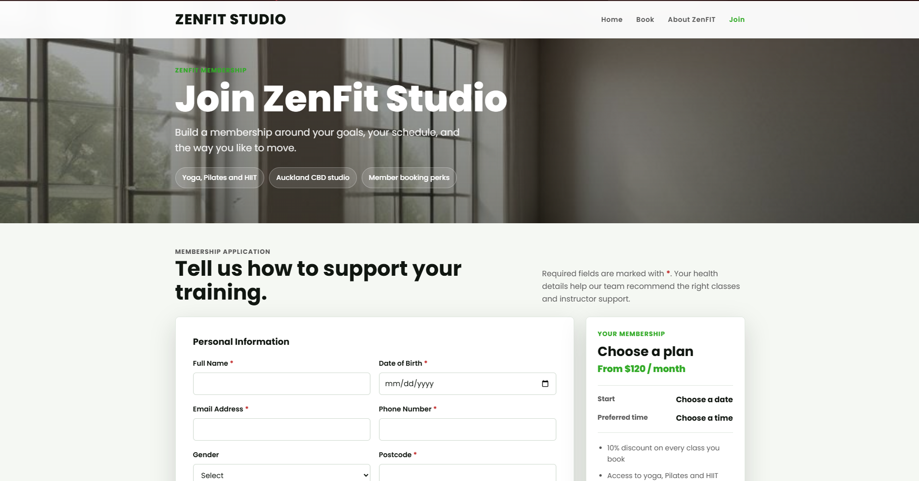 ZenFit Fitness and Booking Website joining form